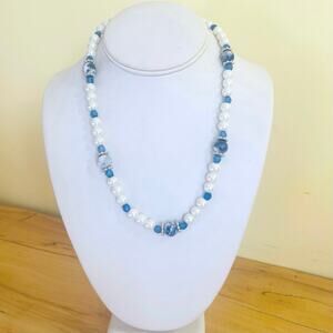 Necklace Vtg Faux Pearl Blue Glass Beads Station Faceted Silver Spacer Extender